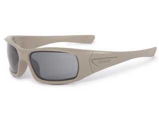 ESS 5B ballistically protective sunglasses, terrain tan frame and smoke gray lens.